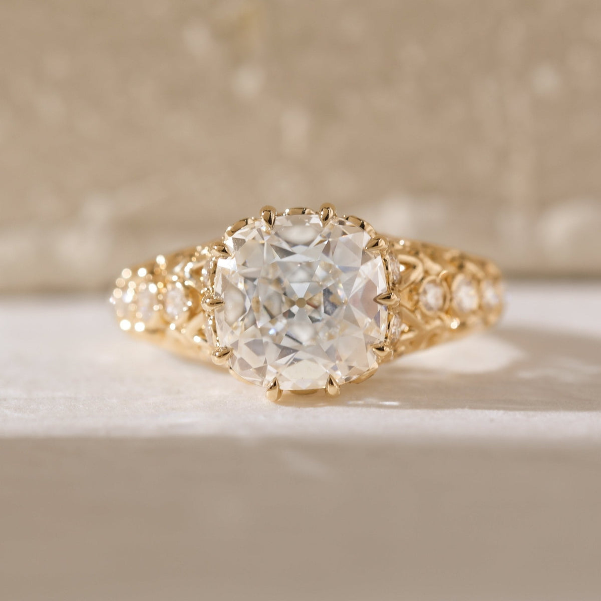 14K Yellow Gold 3.5ct Elongated Lab Diamond Antique - inspired Ring - FIORESE JEWELRY
