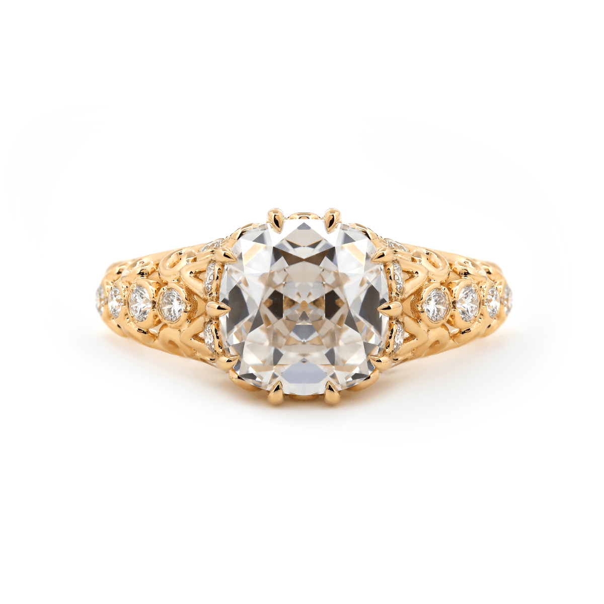 14K Yellow Gold 3.5ct Elongated Lab Diamond Antique - inspired Ring - FIORESE JEWELRY