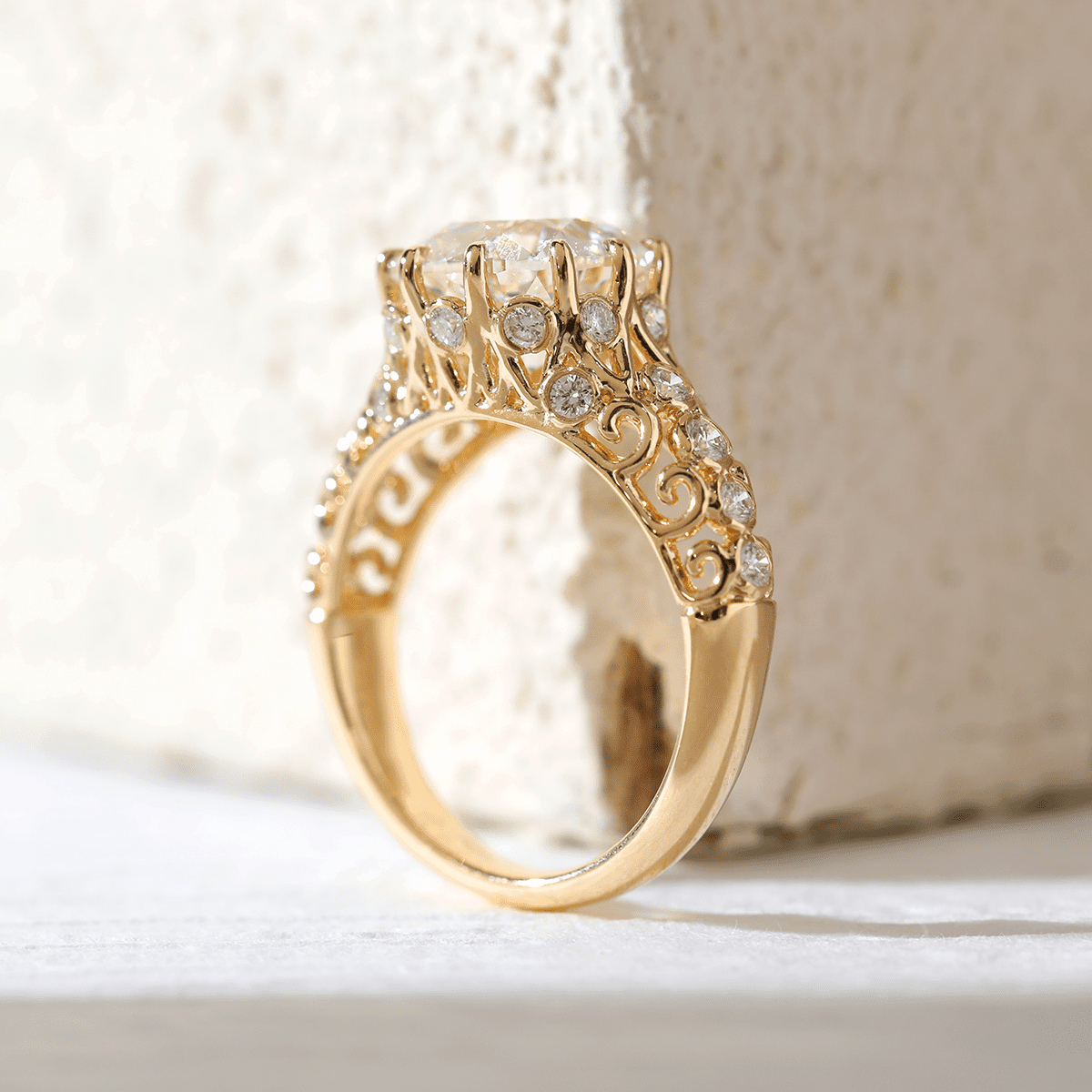 14K Yellow Gold 3.5ct Elongated Lab Diamond Antique - inspired Ring - FIORESE JEWELRY