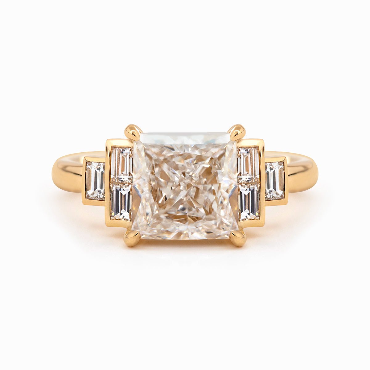 14K Yellow Gold 3.5ct Princess Cut Lab Diamond Ring with Baguette Cut Side - stones - FIORESE JEWELRY