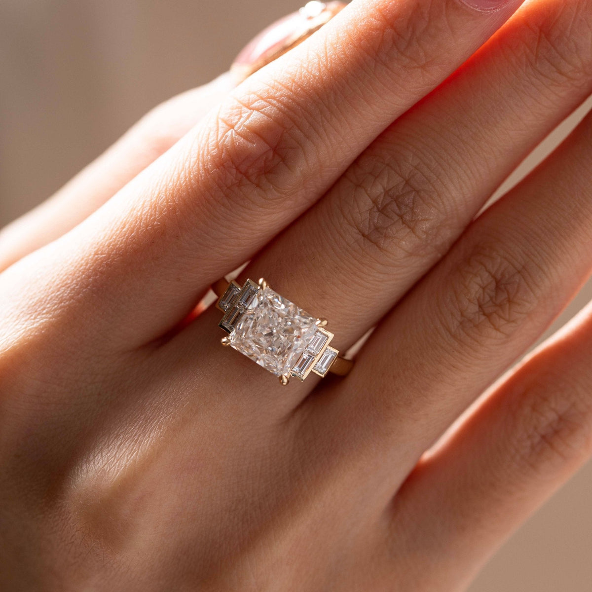 14K Yellow Gold 3.5ct Princess Cut Lab Diamond Ring with Baguette Cut Side - stones - FIORESE JEWELRY