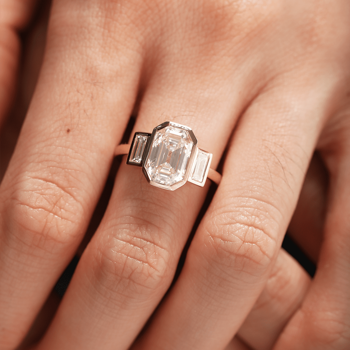 14K Yellow Gold 3ct Antique Emerald Cut Lab Diamond Bezel Three Stone Ring with Baguette Cut Lab Diamond Side - stones - FIORESE JEWELRY