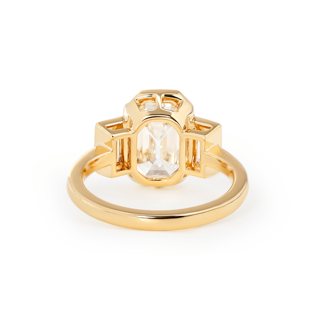 14K Yellow Gold 3ct Antique Emerald Cut Lab Diamond Bezel Three Stone Ring with Baguette Cut Lab Diamond Side - stones - FIORESE JEWELRY