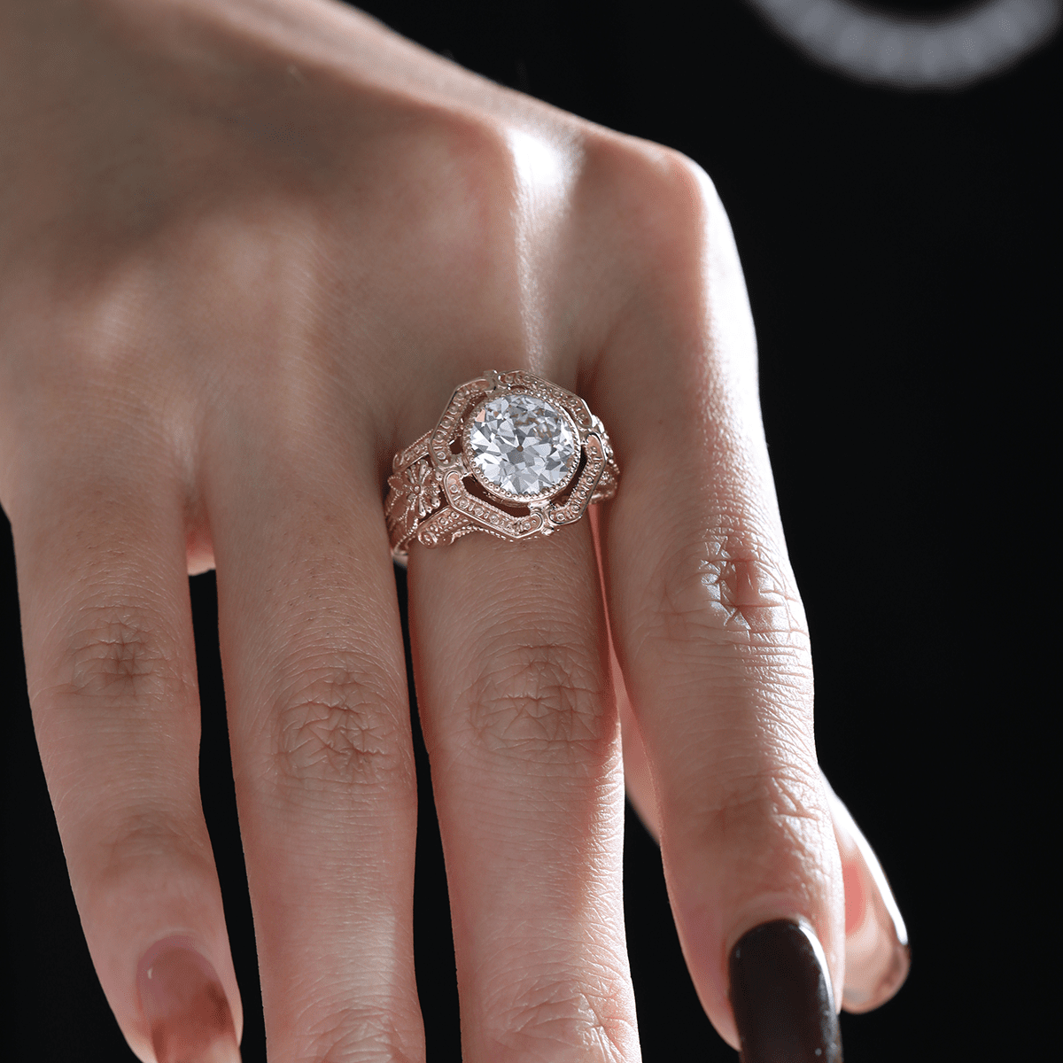 14K Yellow Gold 3ct Old European Cut Lab Diamond Millegrain Bezel Vintage Engraved Ring - Art Deco Style - FIORESE JEWELRY