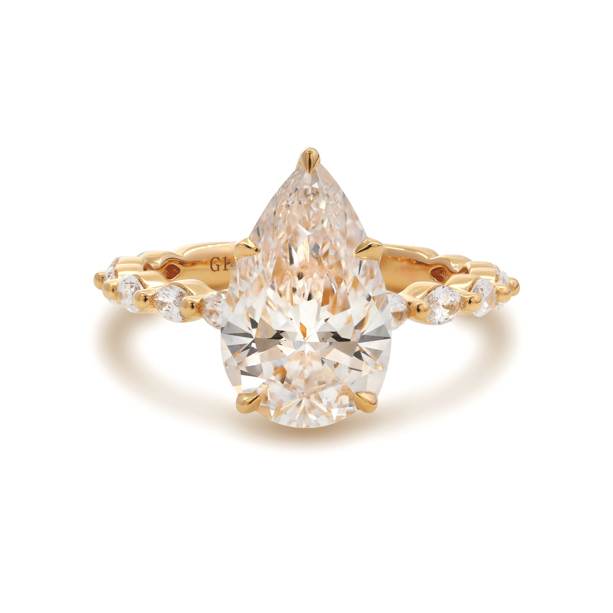 14K Yellow Gold 3ct Pear Cut Lab Diamond 5 Claw Prongs Floral Basket Engagement Ring with Marquise Cut and Round Cut Diamond Side - stones - FIORESE JEWELRY
