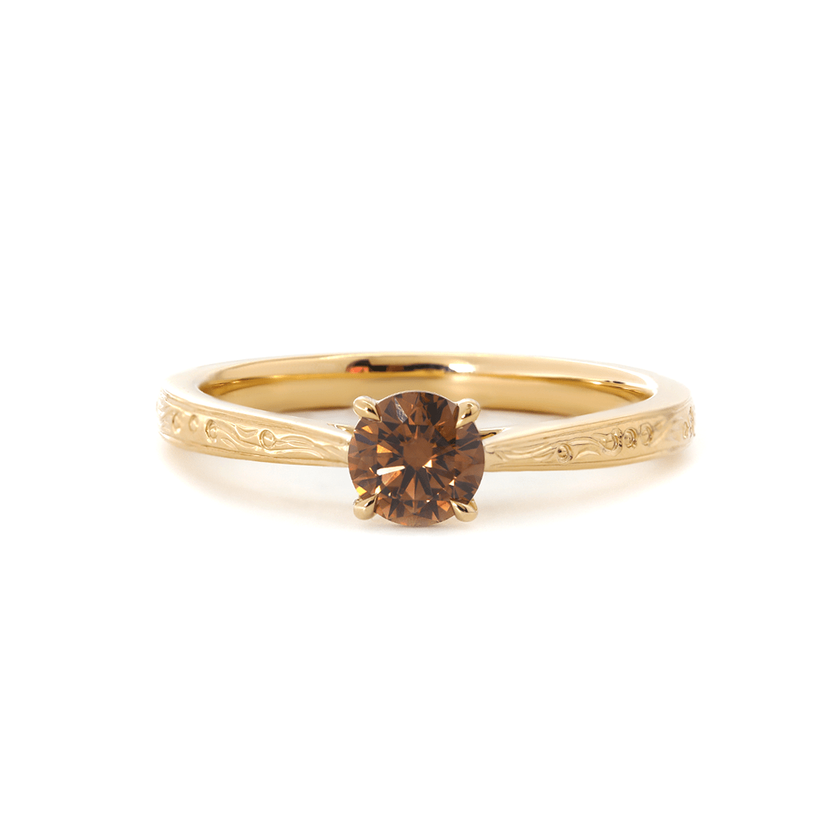 14K Yellow Gold Brown Round Cut Lab Diamond 4 Claw Prong Cathedral Setting Solitaire Ring with Floral Engraving - FIORESE JEWELRY