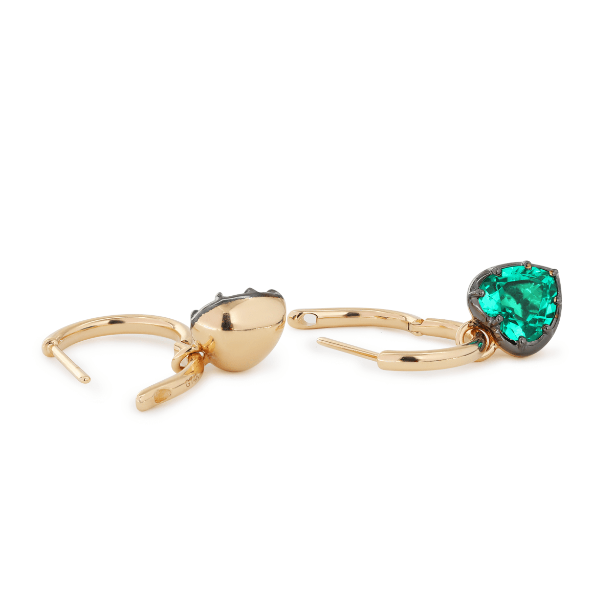 14K Yellow Gold Heart Cut Colombian Lab Emerald Bezel Setting Hoop Earrings with Black Rhodium Plated - FIORESE JEWELRY