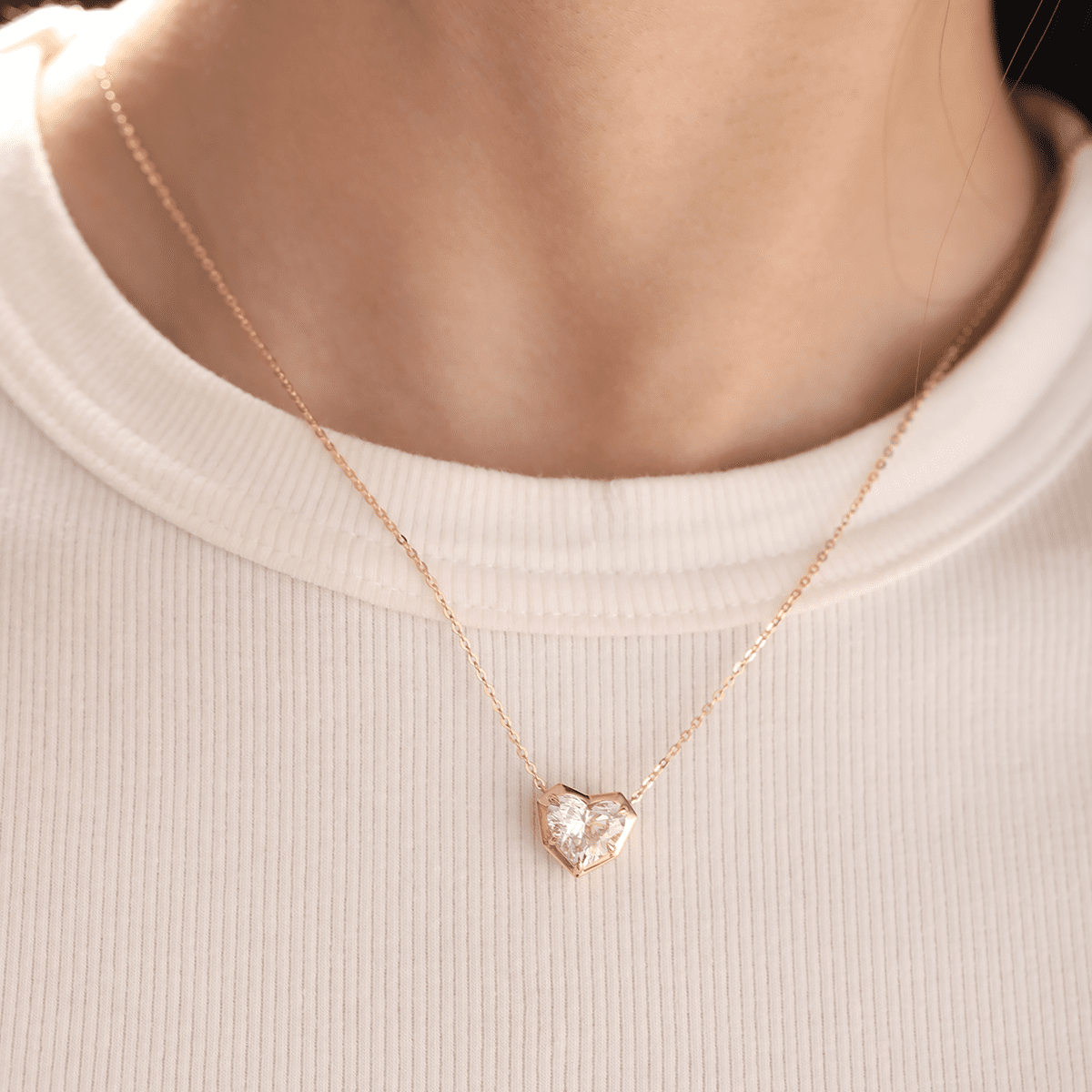 14K Yellow Gold Necklace with 2.5ct Heart Shaped Lab Diamond Pendant in Bezel Setting and Round Cross Chain - FIORESE JEWELRY