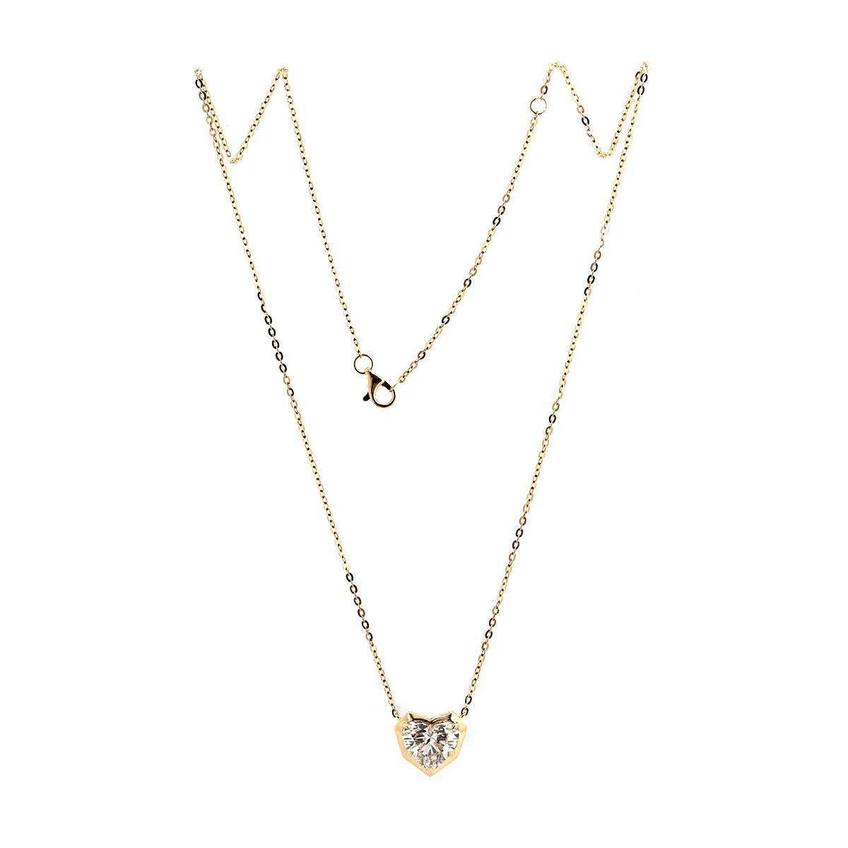 14K Yellow Gold Necklace with 2.5ct Heart Shaped Lab Diamond Pendant in Bezel Setting and Round Cross Chain - FIORESE JEWELRY