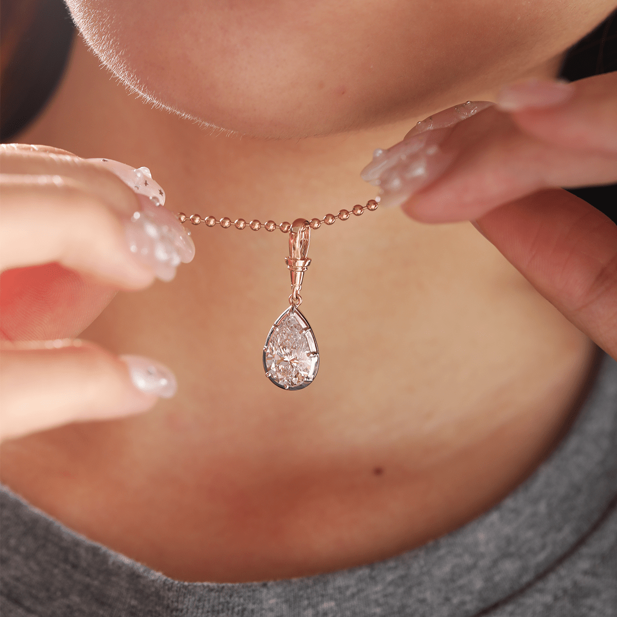 14K Yellow Gold Necklace with 3ct Pear Shaped Lab Diamond Pendant in White Gold Bezel Setting and Beaded Chain - FIORESE JEWELRY