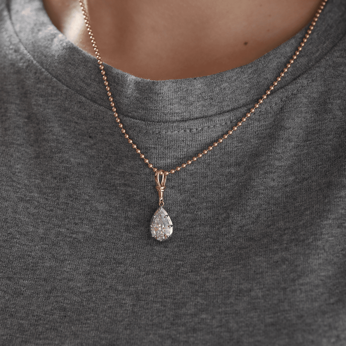 14K Yellow Gold Necklace with 3ct Pear Shaped Lab Diamond Pendant in White Gold Bezel Setting and Beaded Chain - FIORESE JEWELRY
