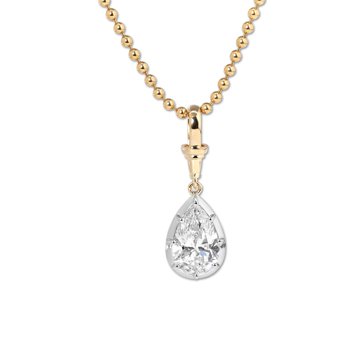 14K Yellow Gold Necklace with 3ct Pear Shaped Lab Diamond Pendant in White Gold Bezel Setting and Beaded Chain - FIORESE JEWELRY