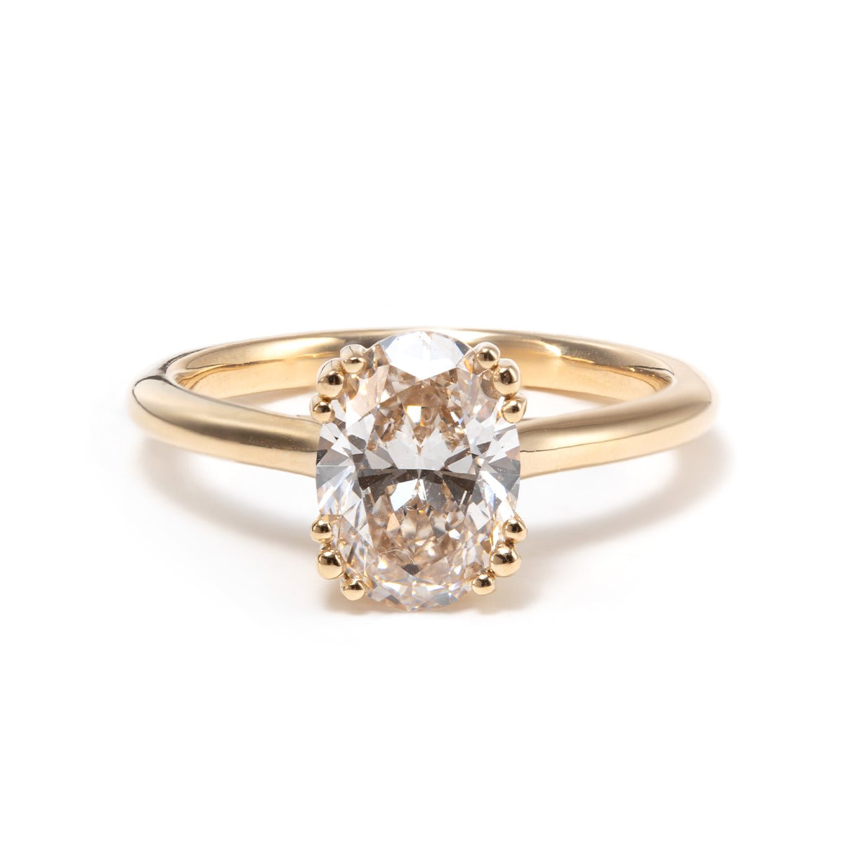 14K Yellow Gold Oval Cut Lab Diamond Pink Corundum Hidden Halo Ring with Triple Prong and Cathedral Setting - FIORESE JEWELRY