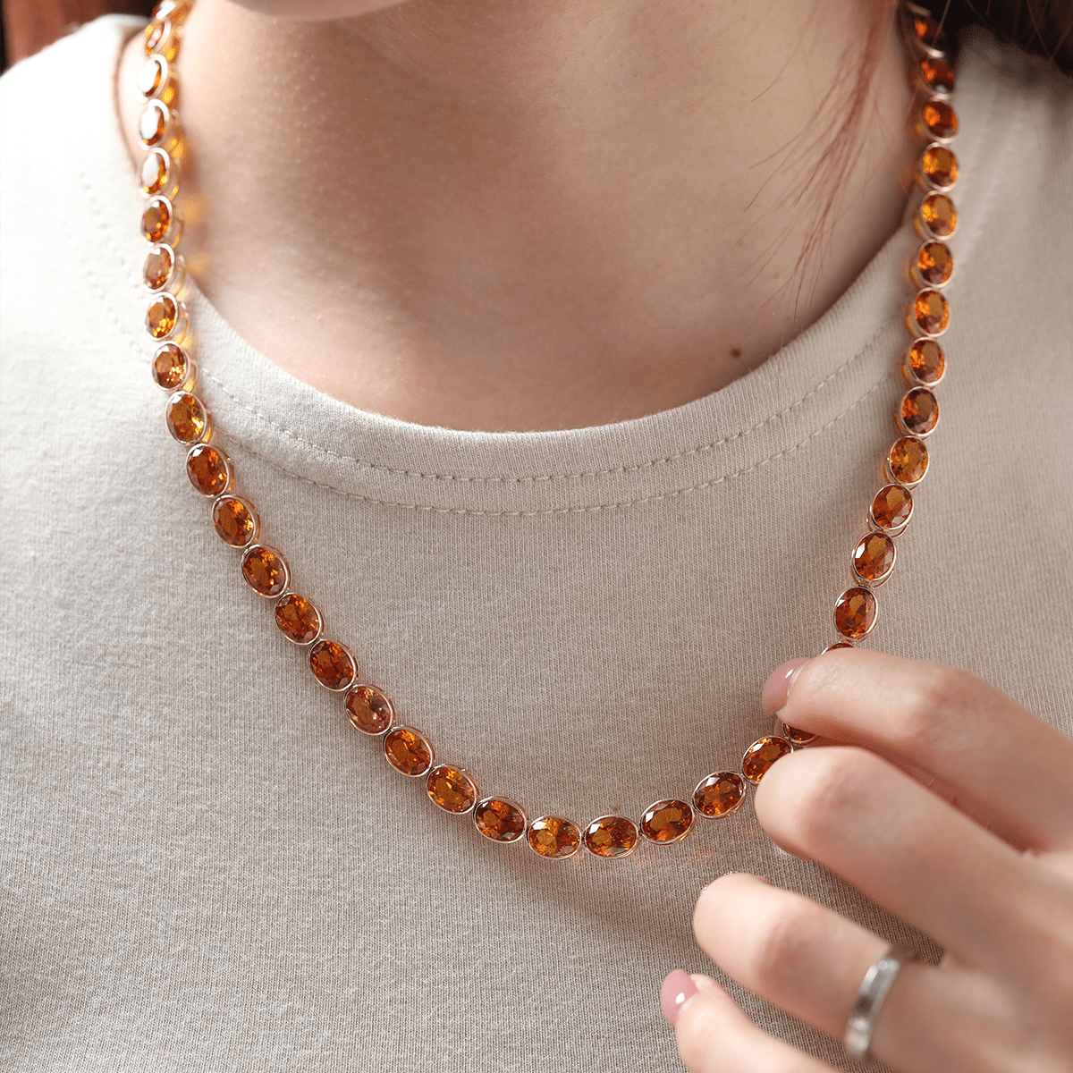 14K Yellow Gold Oval Lab Orange Sapphire Bezel Tennis Necklace with Adjustable Chain - FIORESE JEWELRY