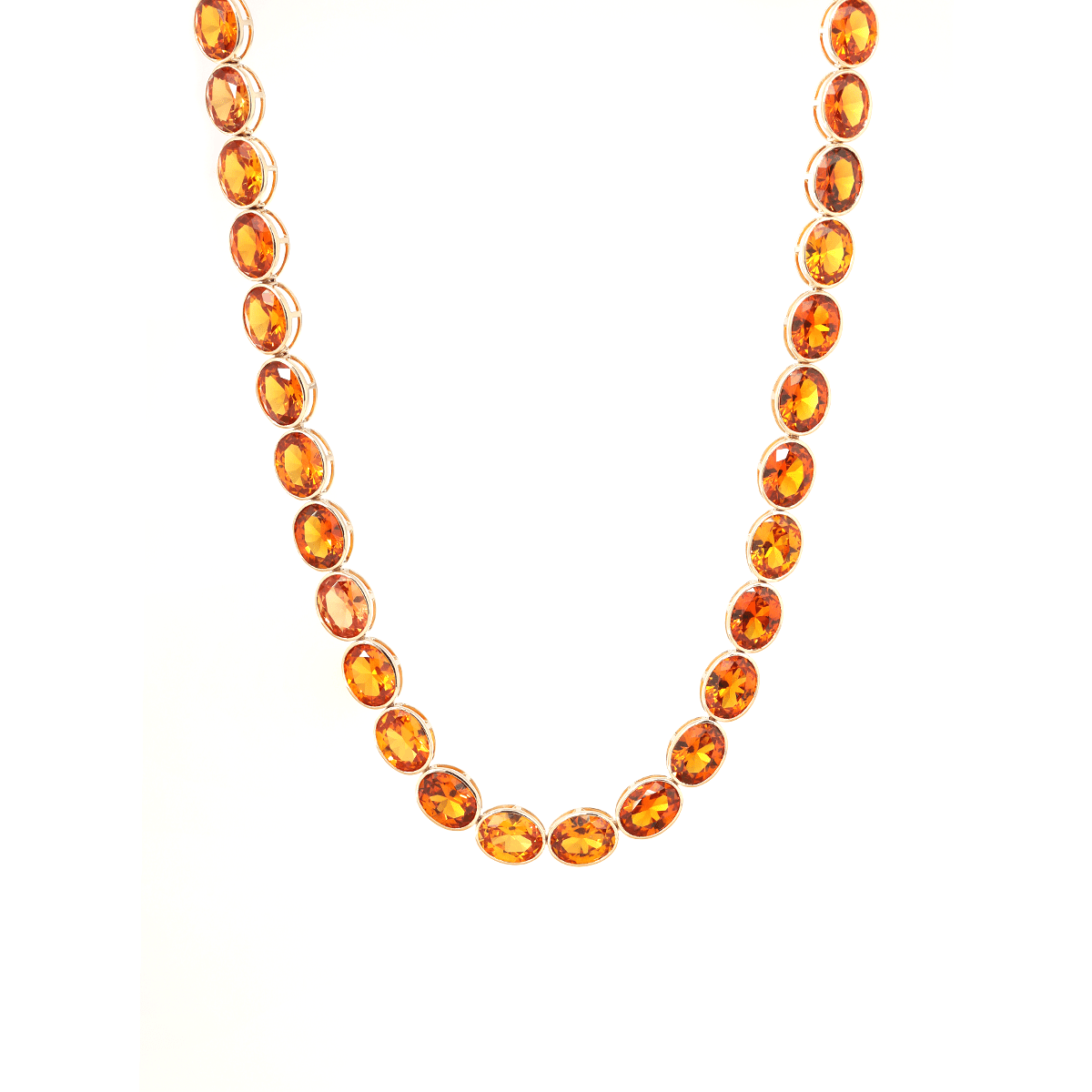 14K Yellow Gold Oval Lab Orange Sapphire Bezel Tennis Necklace with Adjustable Chain - FIORESE JEWELRY