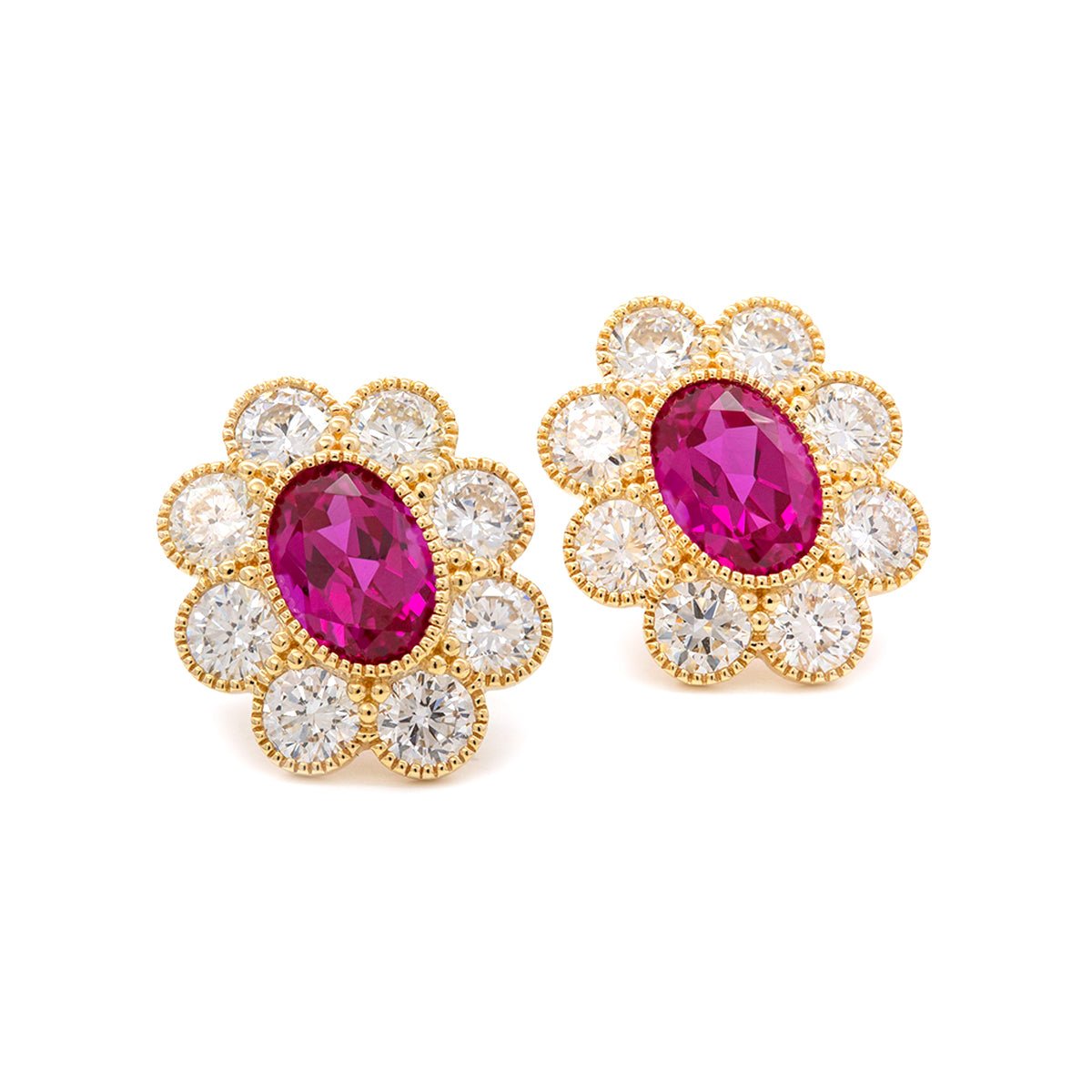 14K Yellow Gold Oval Pink Sapphire & Round Lab Diamond Flower Millegrain Bezel Stud Earrings - FIORESE JEWELRY
