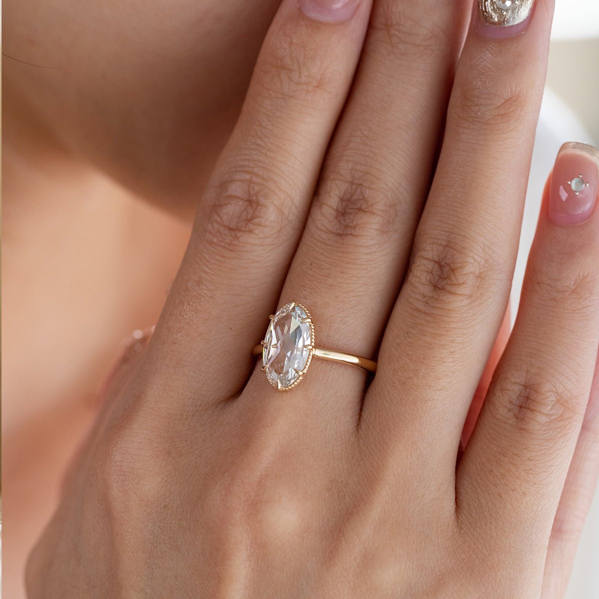 14K Yellow Gold Oval Rose Cut Lab Diamond Millegrain Solitaire Ring - FIORESE JEWELRY