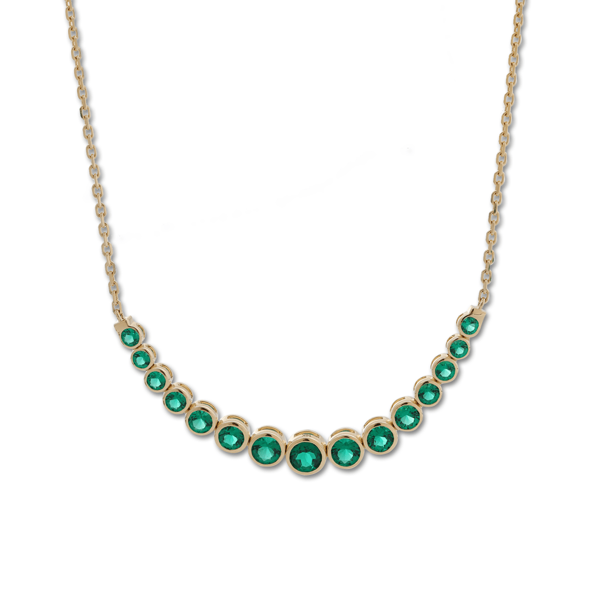 14K Yellow Gold Round Lab Columbian Emerald Bezel Smile Pendant Necklace - FIORESE JEWELRY