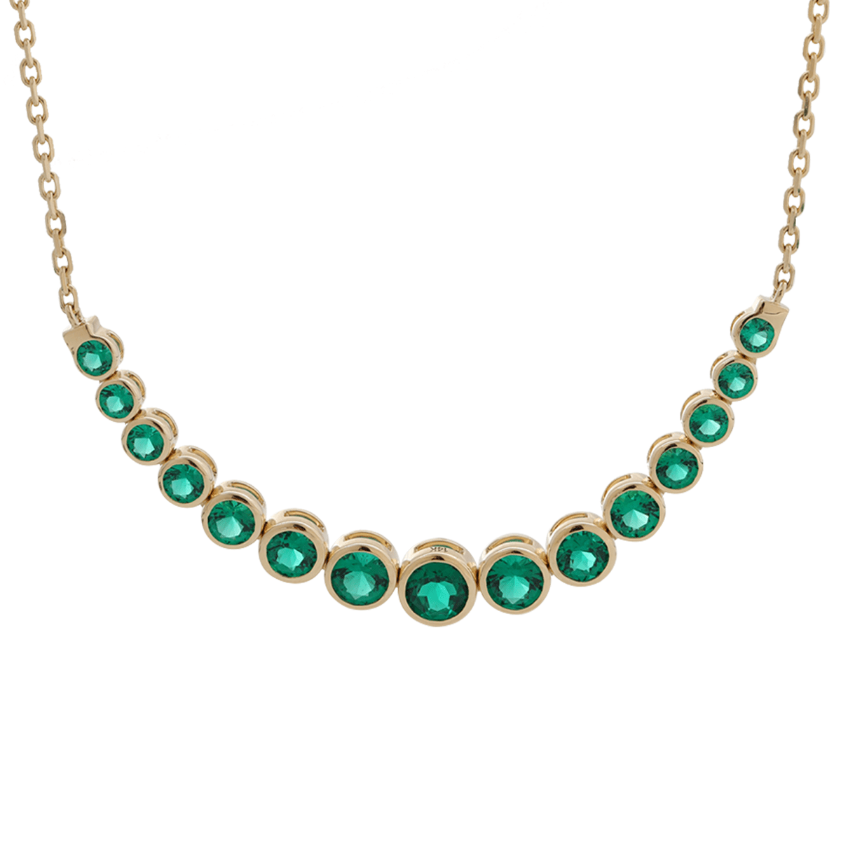 14K Yellow Gold Round Lab Columbian Emerald Bezel Smile Pendant Necklace - FIORESE JEWELRY