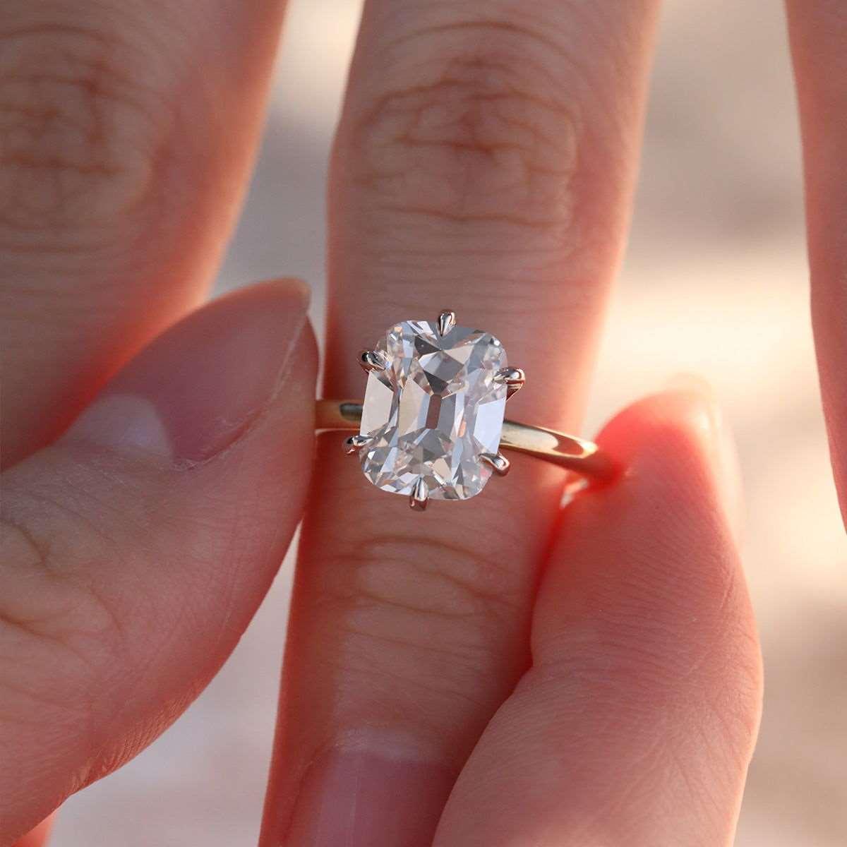 14k Yellow Gold & White Gold 3ct Elongated Old Mine Cut Lab Diamond Floral Basket Solitaire Ring - FIORESE JEWELRY