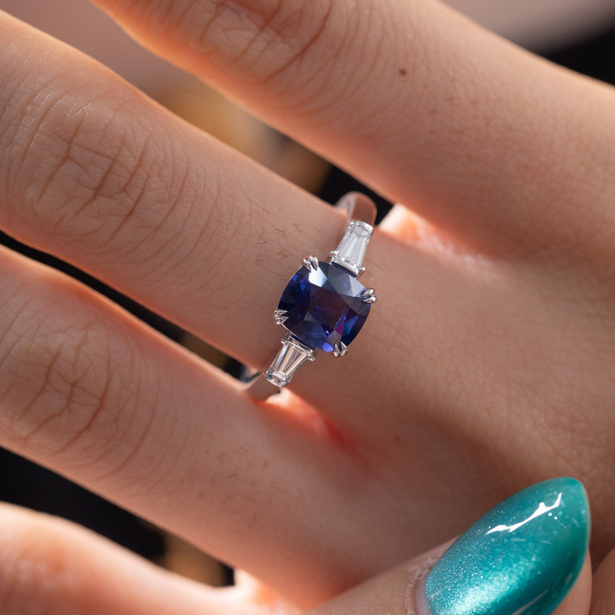1.64CT Natural Cushion Blue Sapphire Classic Three Stone Ring - FIORESE JEWELRY