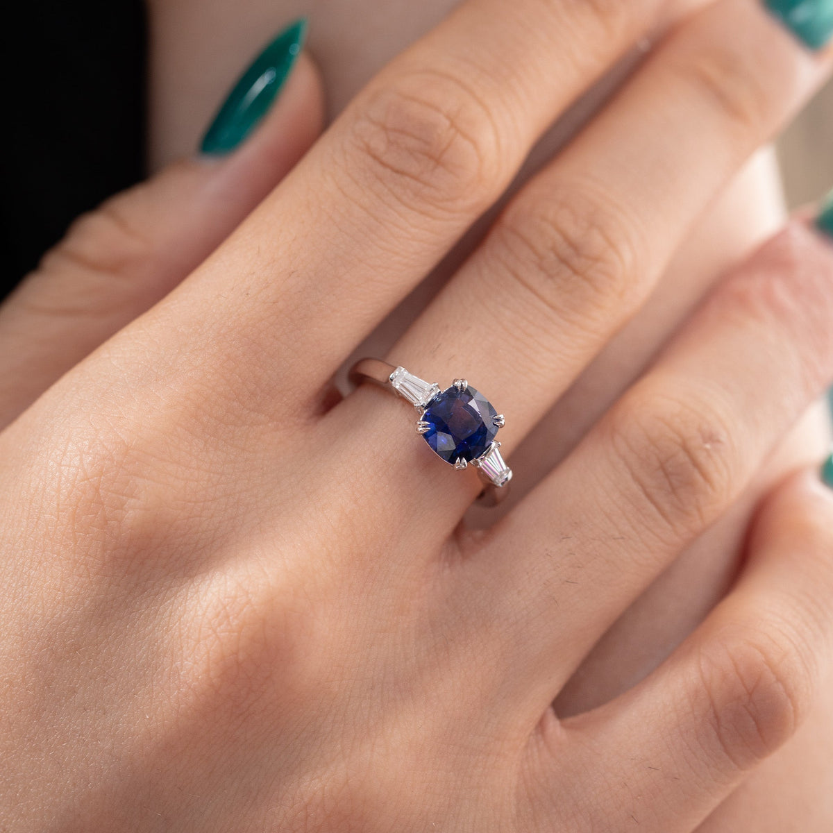 1.64CT Natural Cushion Blue Sapphire Classic Three Stone Ring - FIORESE JEWELRY