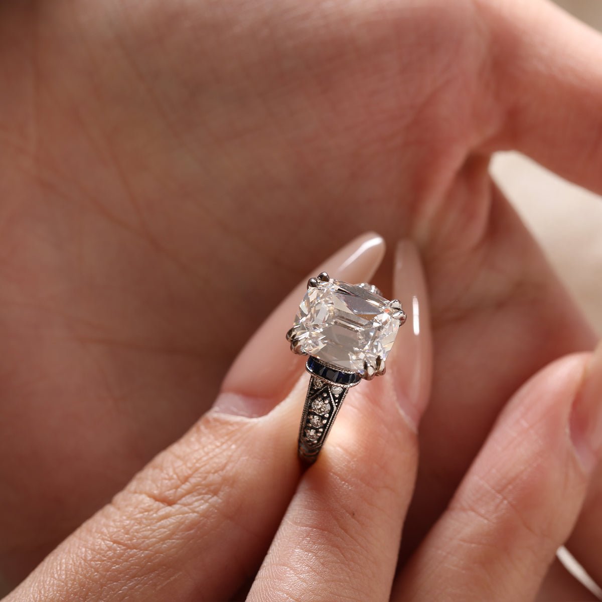 18K Gold 4.5ct Elongated Old Mine Cut Lab Diamond Antique - inspired Ring with Princess Cut Lab Sapphire & Round Cut Lab Diamond Side - stone - FIORESE JEWELRY