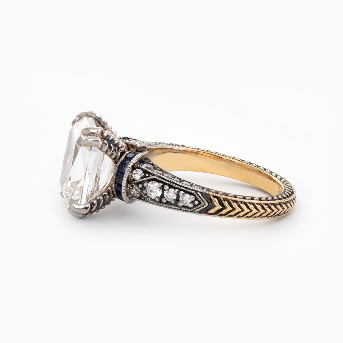 18K Gold 4.5ct Elongated Old Mine Cut Lab Diamond Antique - inspired Ring with Princess Cut Lab Sapphire & Round Cut Lab Diamond Side - stone - FIORESE JEWELRY