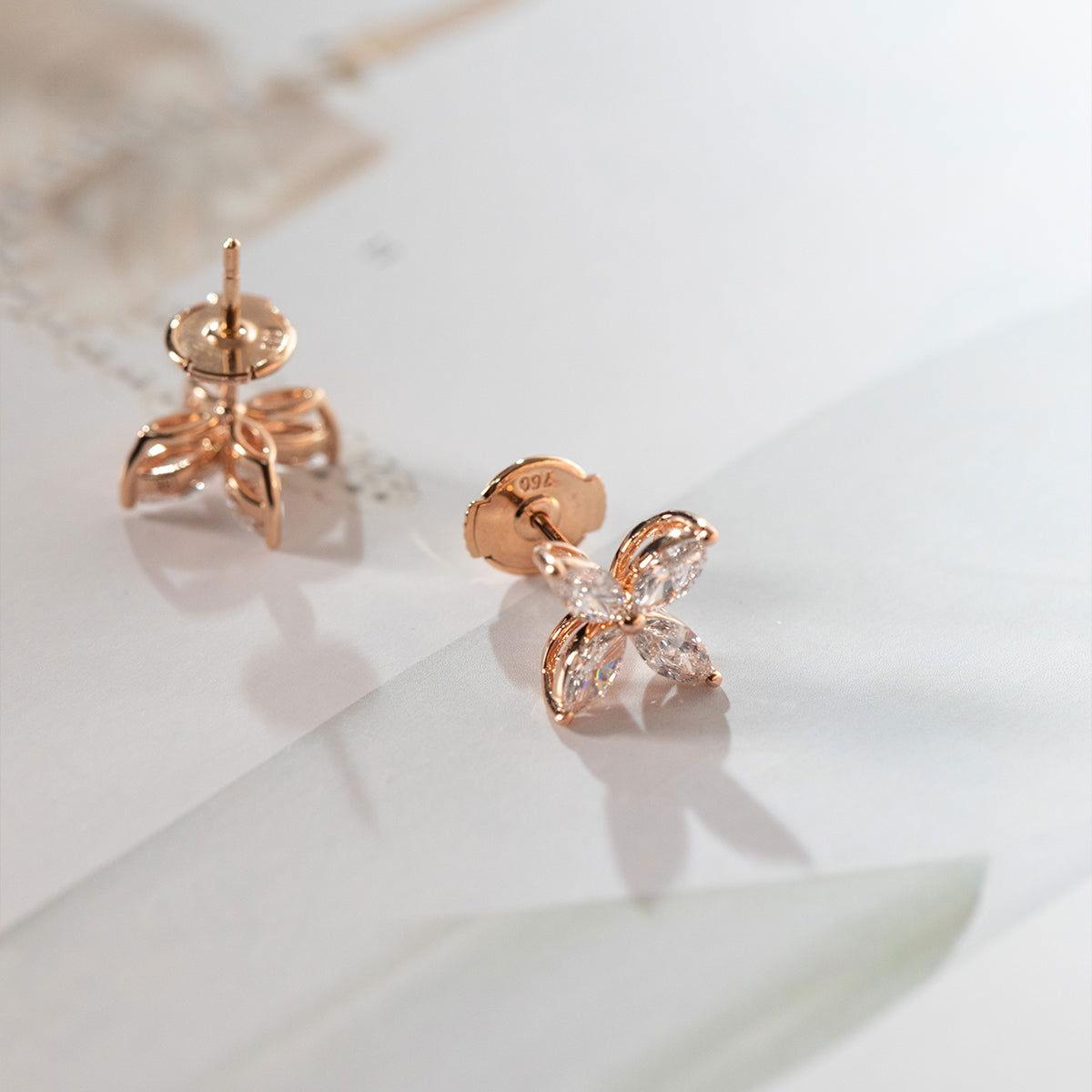 18K Rose Gold Marquise Cut Lab Diamond Flower Stud Earrings - FIORESE JEWELRY