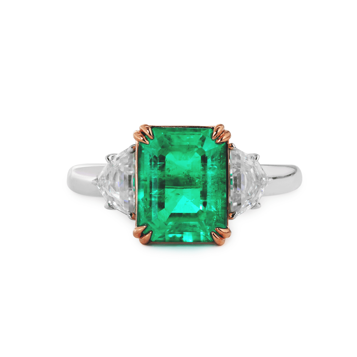 18K White and Rose Gold 2ct Lab Emerald Three Stone Ring with Cadillac Cut Lab Diamond Side - stone - FIORESE JEWELRY