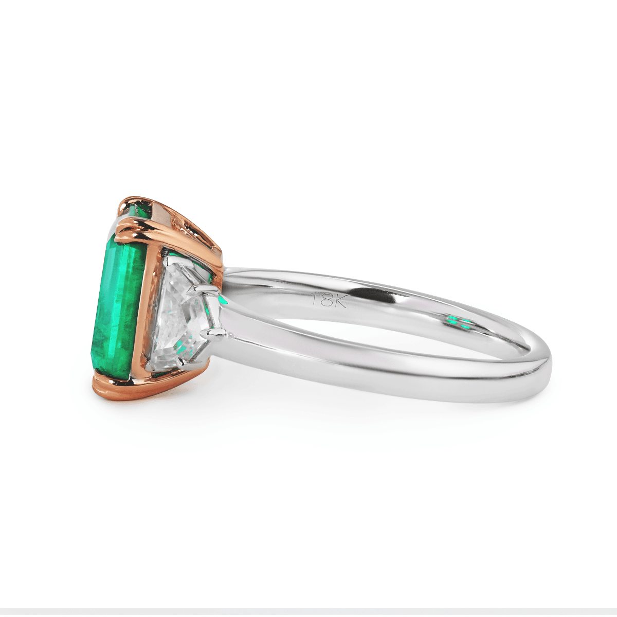 18K White and Rose Gold 2ct Lab Emerald Three Stone Ring with Cadillac Cut Lab Diamond Side - stone - FIORESE JEWELRY