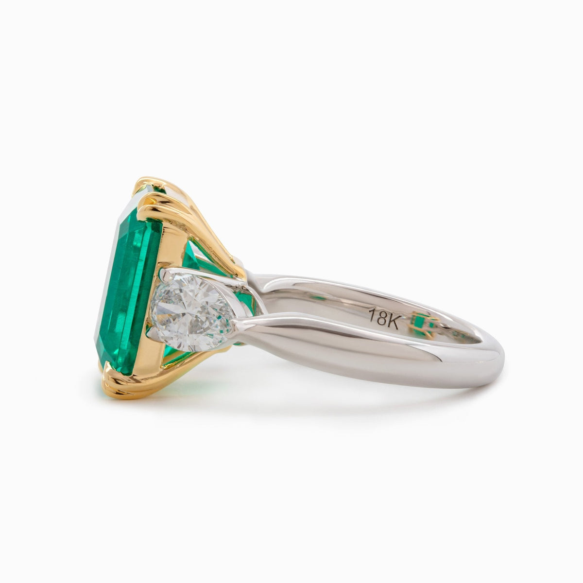 18K White and Yellow Gold 6ct Lab Emerald Three Stone Ring with Pear Cut Lab Diamond Side - stone - FIORESE JEWELRY