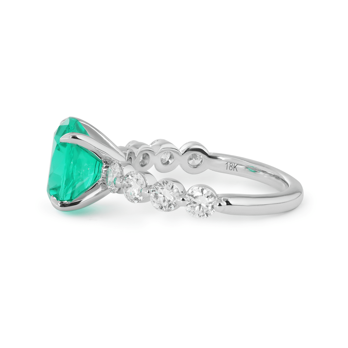 18K White Gold 2.5ct Round Colombian Lab Emerald 4 Calw Prong Ring with 8 Round Lab Diamond Side - stones - FIORESE JEWELRY