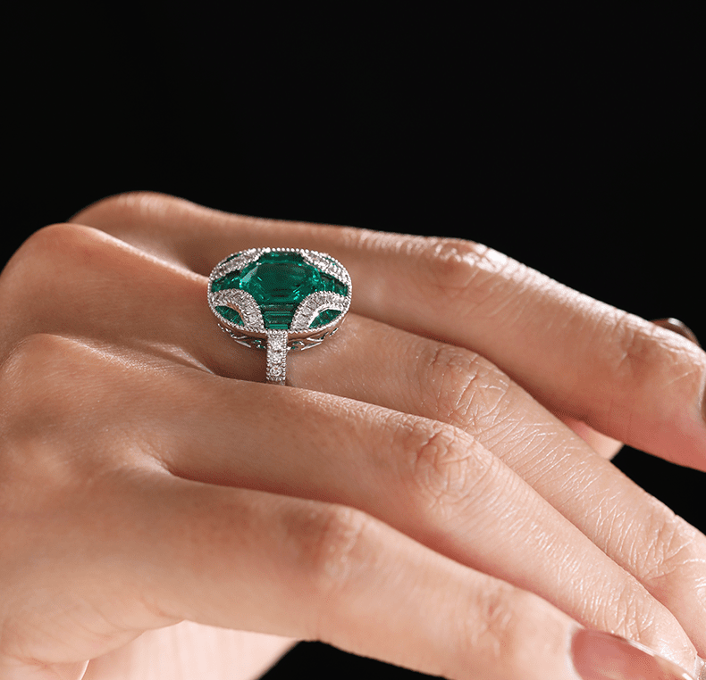 18K White Gold 2ct Cushion Lab Columbian Emerald Millegrain Invisible Setting Vintage Ring with Round Lab Diamond and Mixed Cut Lab Columbian Emerald Side - stones - FIORESE JEWELRY