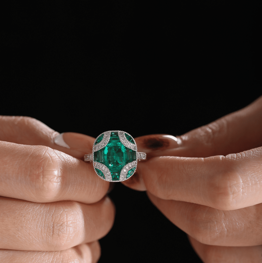 18K White Gold 2ct Cushion Lab Columbian Emerald Millegrain Invisible Setting Vintage Ring with Round Lab Diamond and Mixed Cut Lab Columbian Emerald Side - stones - FIORESE JEWELRY