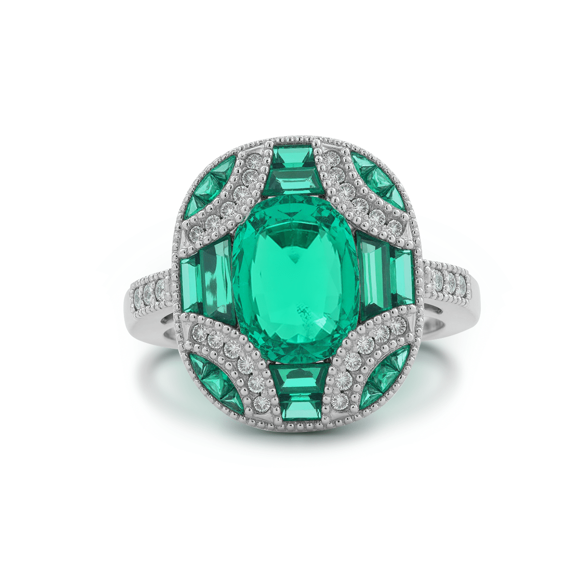 18K White Gold 2ct Cushion Lab Columbian Emerald Millegrain Invisible Setting Vintage Ring with Round Lab Diamond and Mixed Cut Lab Columbian Emerald Side - stones - FIORESE JEWELRY