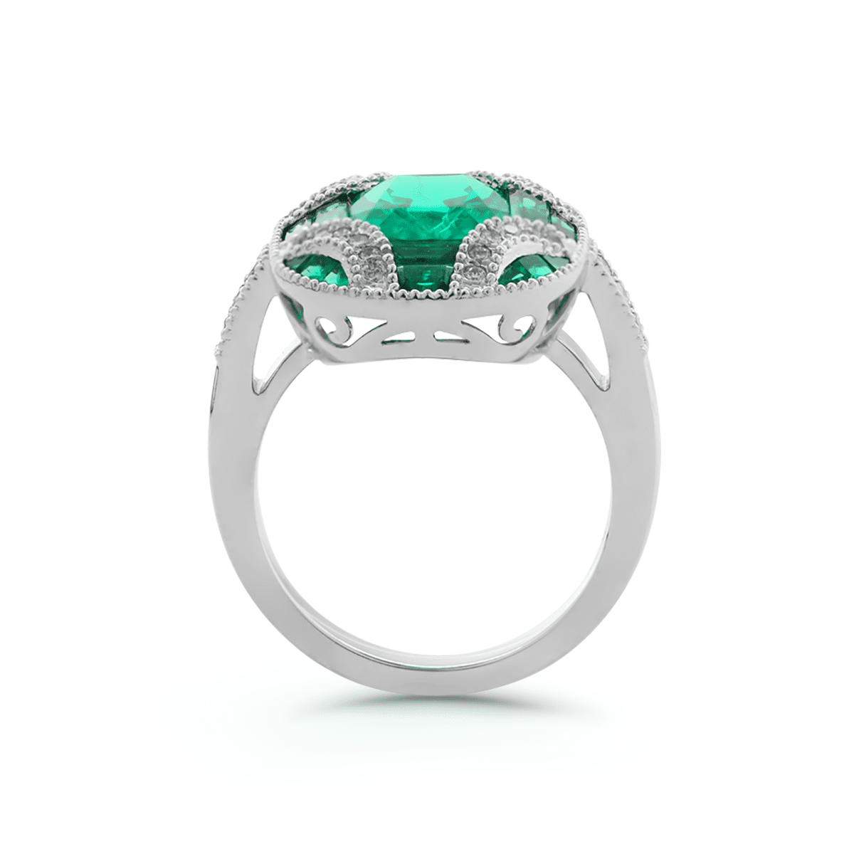 18K White Gold 2ct Cushion Lab Columbian Emerald Millegrain Invisible Setting Vintage Ring with Round Lab Diamond and Mixed Cut Lab Columbian Emerald Side - stones - FIORESE JEWELRY