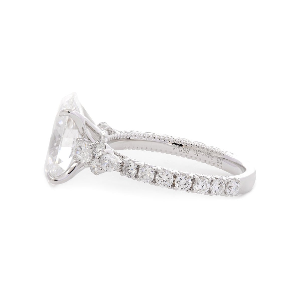 18K White Gold 3.5ct Oval Lab Diamond Vintage Ring with Millegrain and Lab Diamond Side - stones Pave - FIORESE JEWELRY