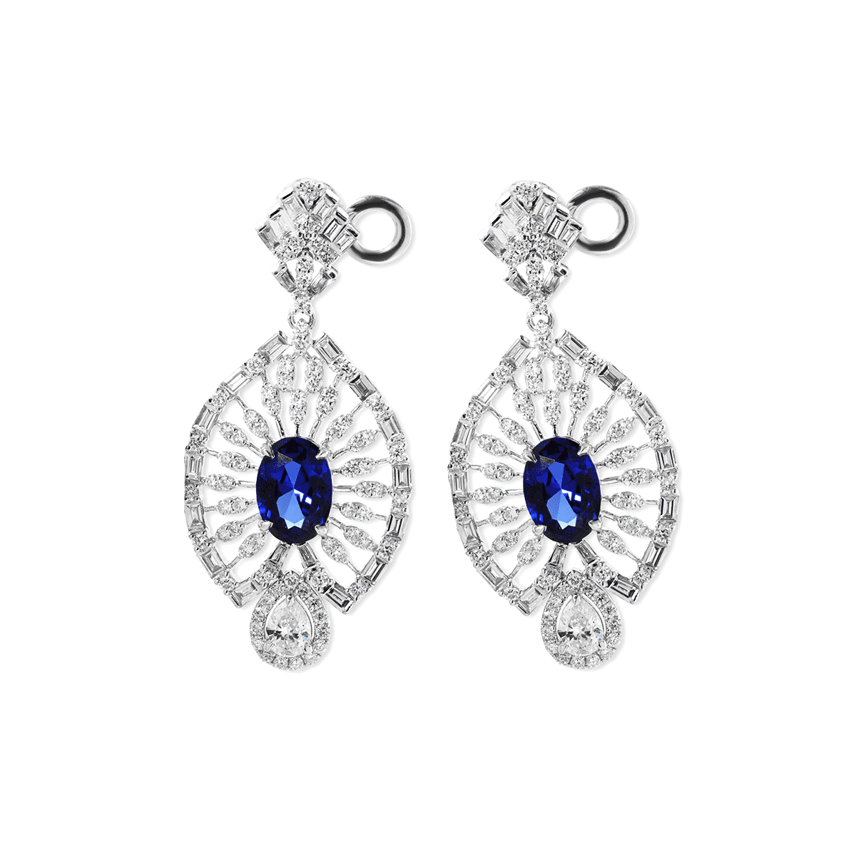 18K White Gold 7*5mm Oval Royal Blue Lab Sapphire and Lab Diamond Victorian Peacock Plume Chandelier Earrings - FIORESE JEWELRY
