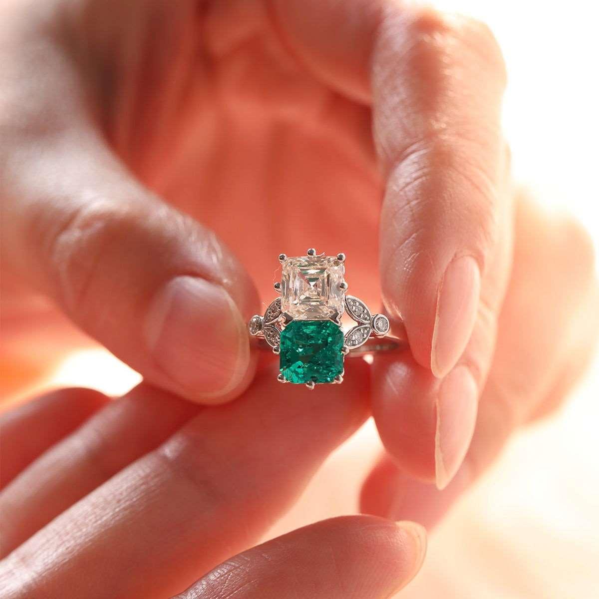 18K White Gold Asscher Cut Lab Emerald & Lab Diamond Toi et Moi Side - stone Cocktail Ring - FIORESE JEWELRY