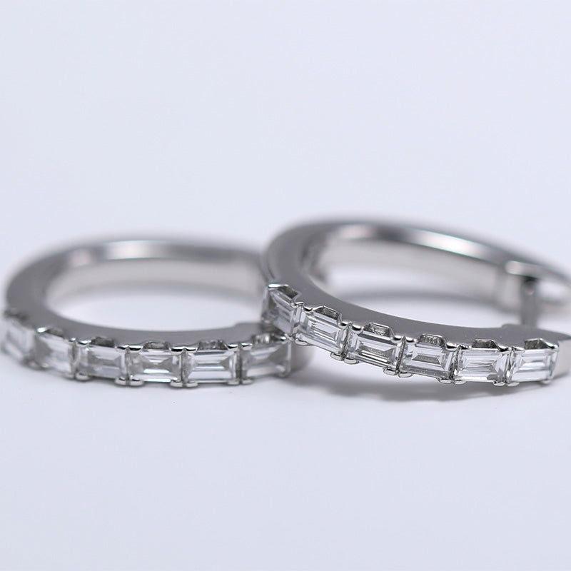 18K White Gold Baguette Cut Lab Diamond Six - stone Huggie Earrings - FIORESE JEWELRY