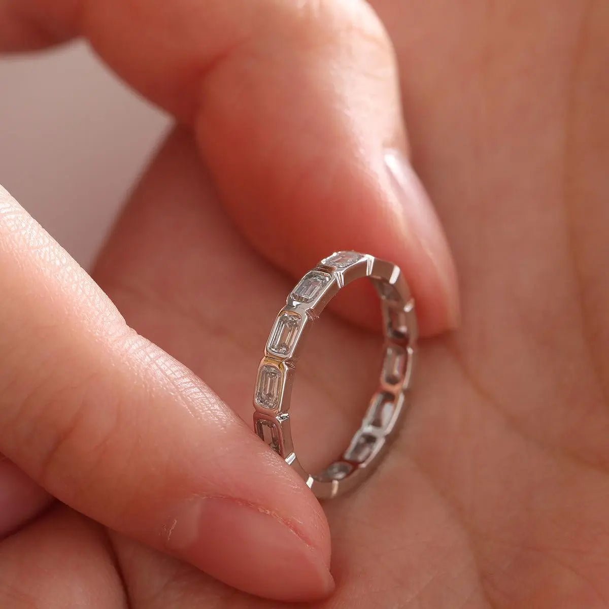 18K White Gold Emerald Cut Lab Diamond Bezel Eternity Ring - FIORESE JEWELRY