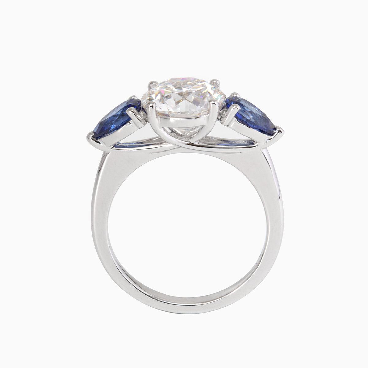 18K White Gold Old European cut Lab Diamond Pear Sapphire Three Stone Ring - FIORESE JEWELRY