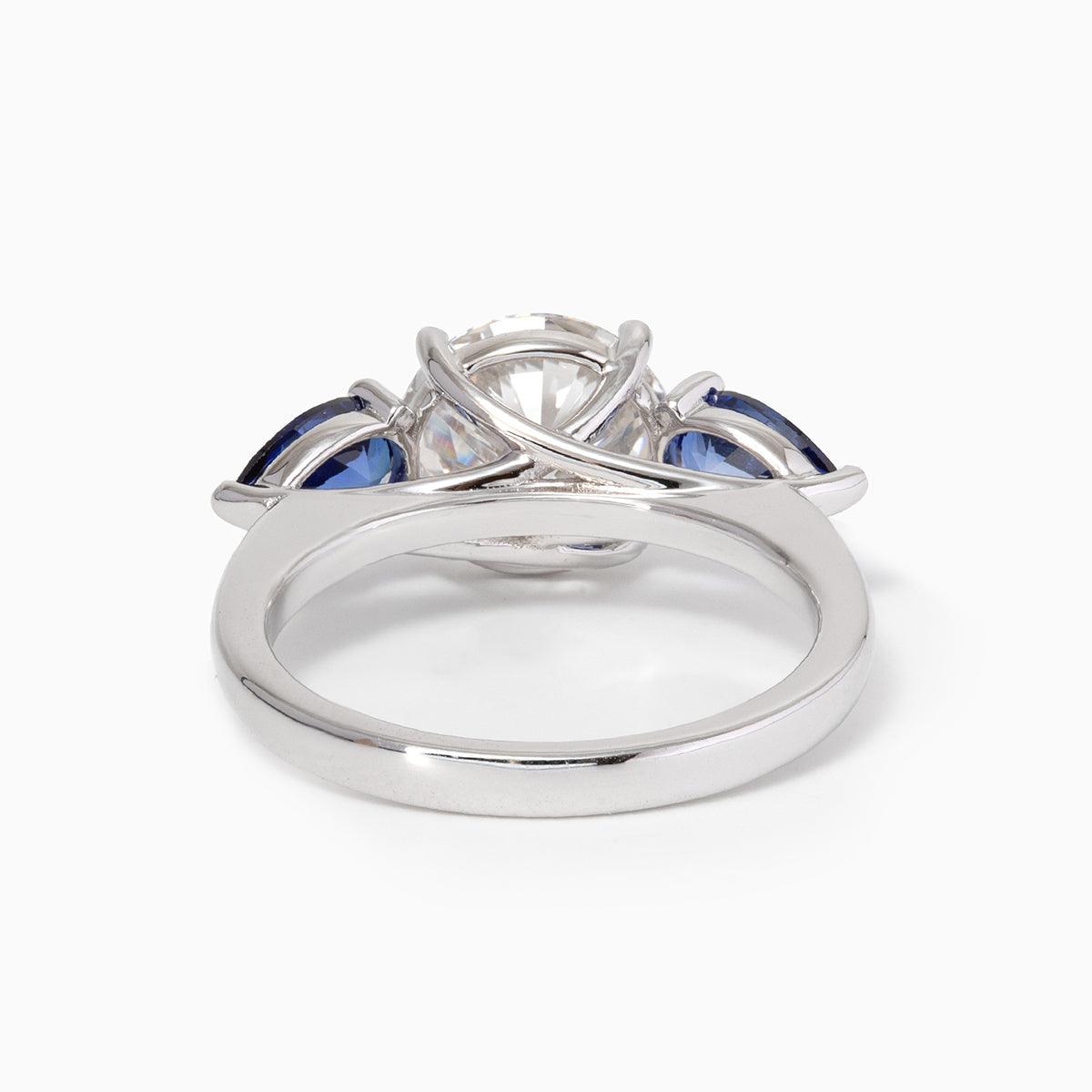 18K White Gold Old European cut Lab Diamond Pear Sapphire Three Stone Ring - FIORESE JEWELRY