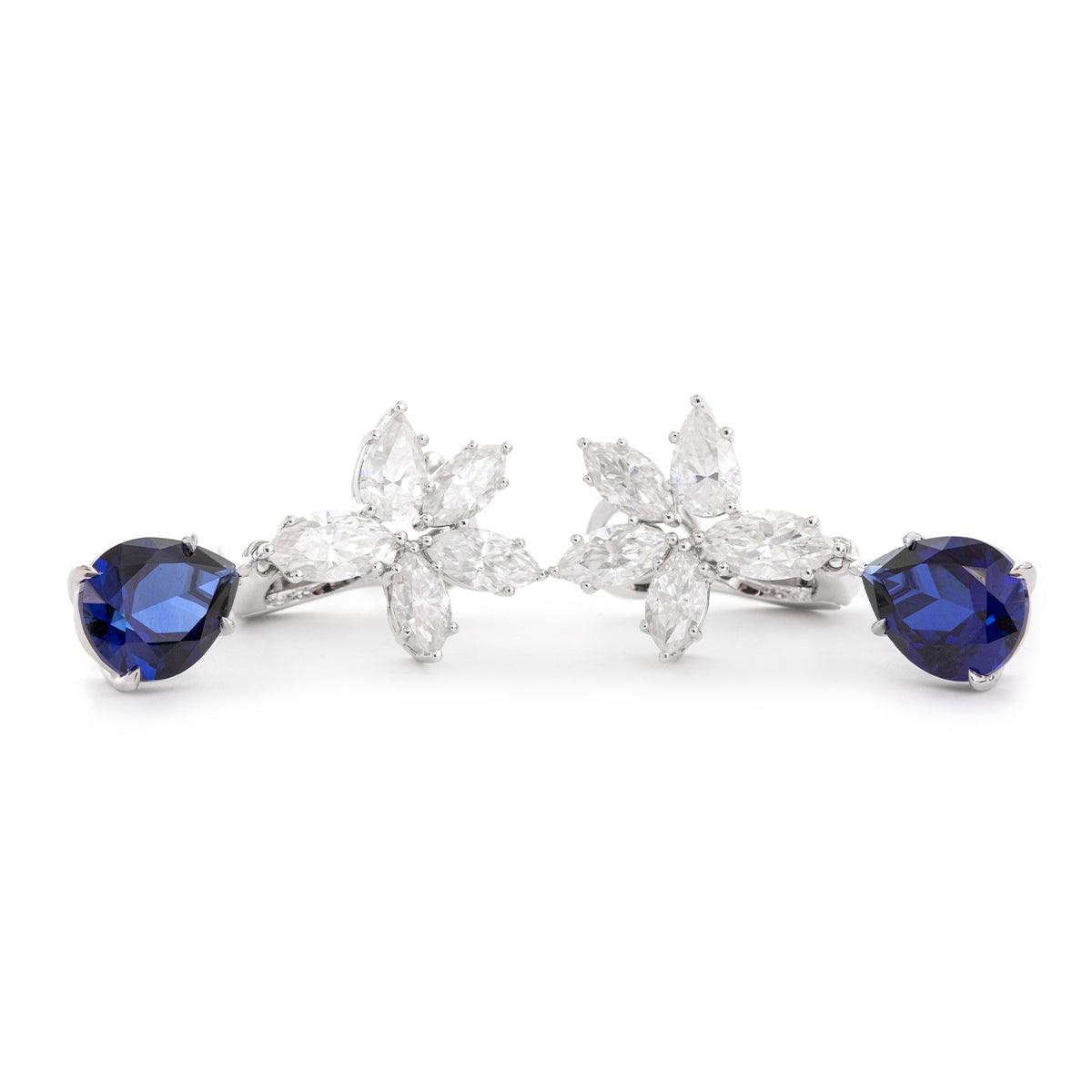 18K White Gold Pear Shaped Sapphire Cluster Lab Diamond Leverback Earrings - FIORESE JEWELRY