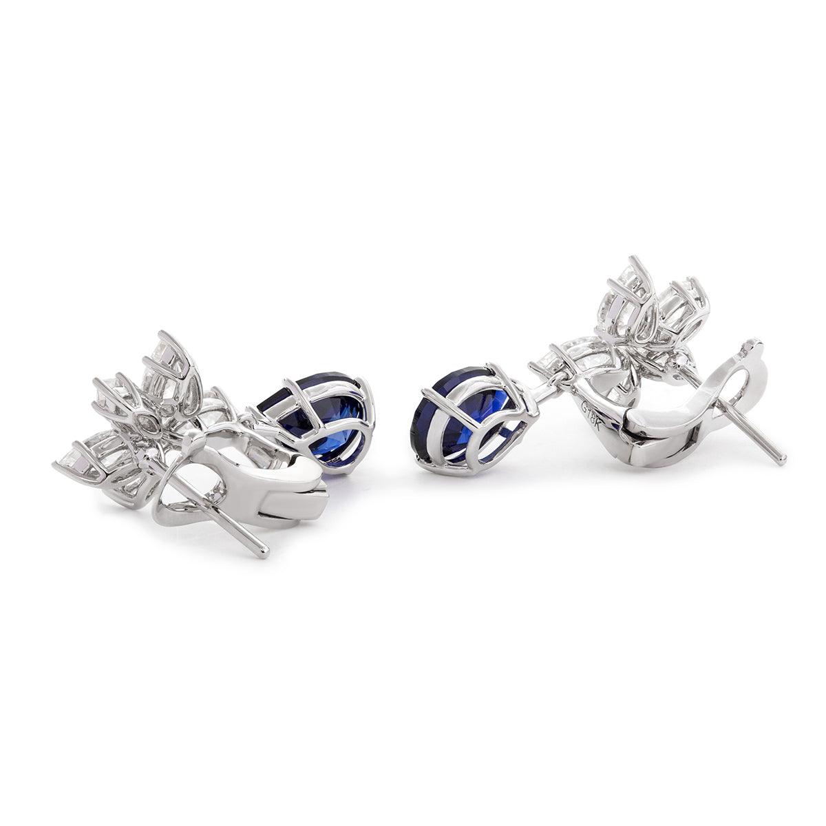 18K White Gold Pear Shaped Sapphire Cluster Lab Diamond Leverback Earrings - FIORESE JEWELRY