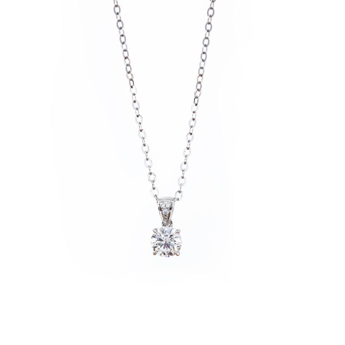 18K White Gold Round Brilliant Cut Lab Diamond Four Claw Prongs Basket Setting Pendant Necklace - FIORESE JEWELRY