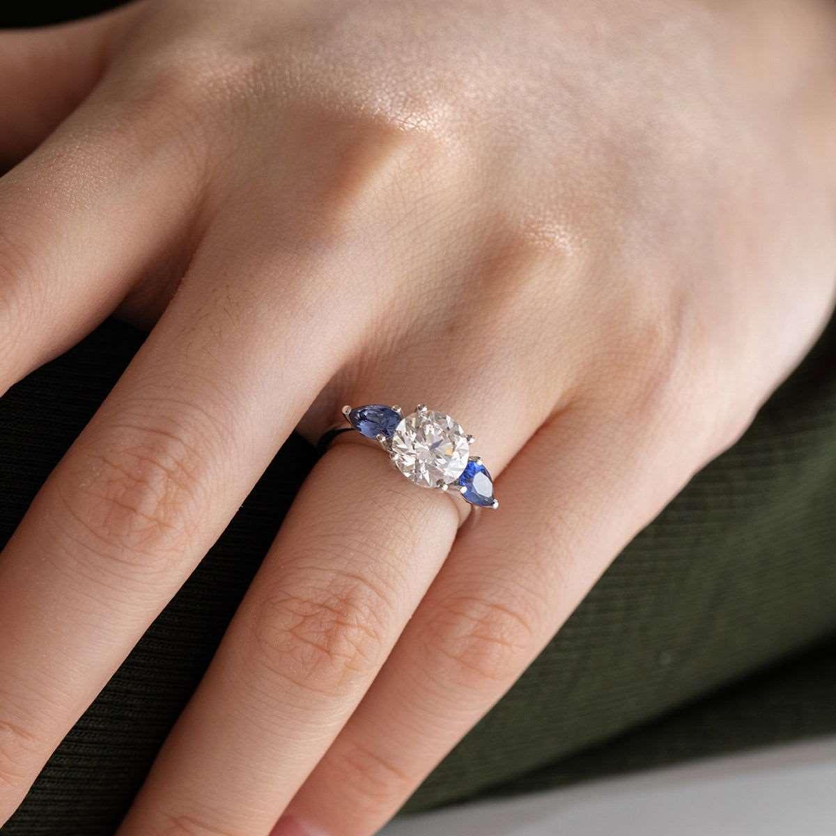18K White Gold Round Lab Diamond Pear Sapphire Three Stone Ring - FIORESE JEWELRY