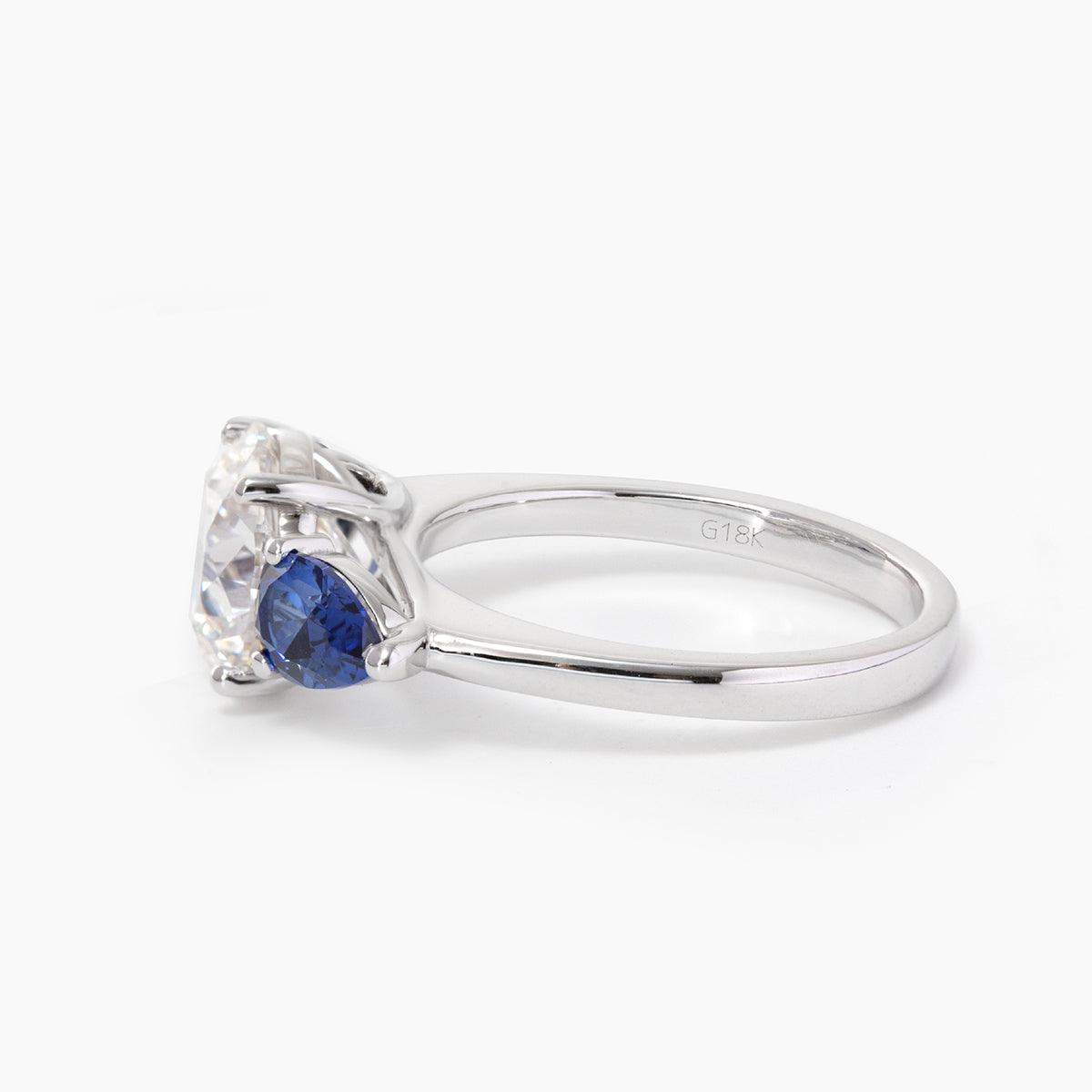 18K White Gold Round Lab Diamond Pear Sapphire Three Stone Ring - FIORESE JEWELRY