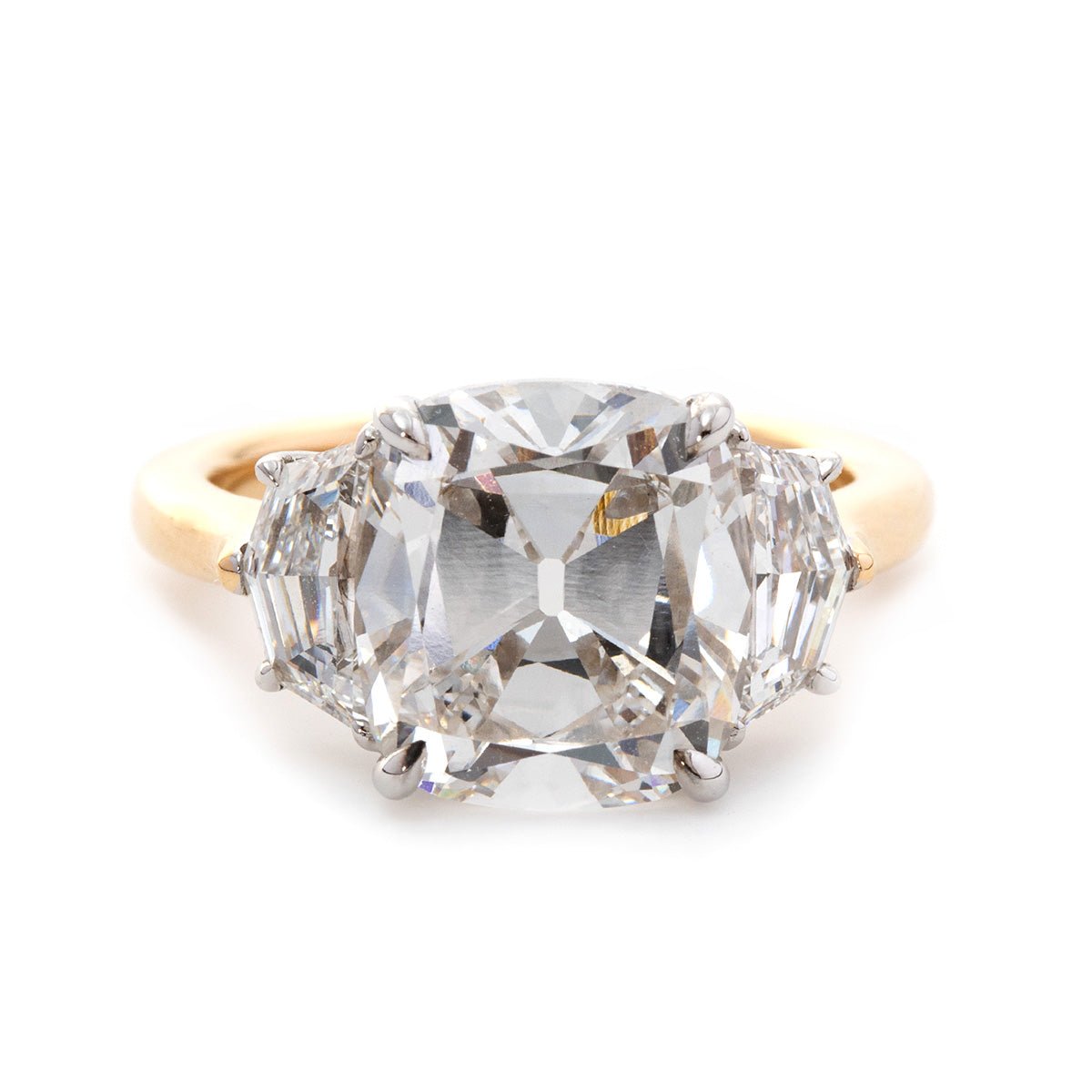 18K White Gold & Yellow Gold 4.5ct Old Mine Cut & Step cut Eldorado Lab Diamond Three Stone Ring - FIORESE JEWELRY